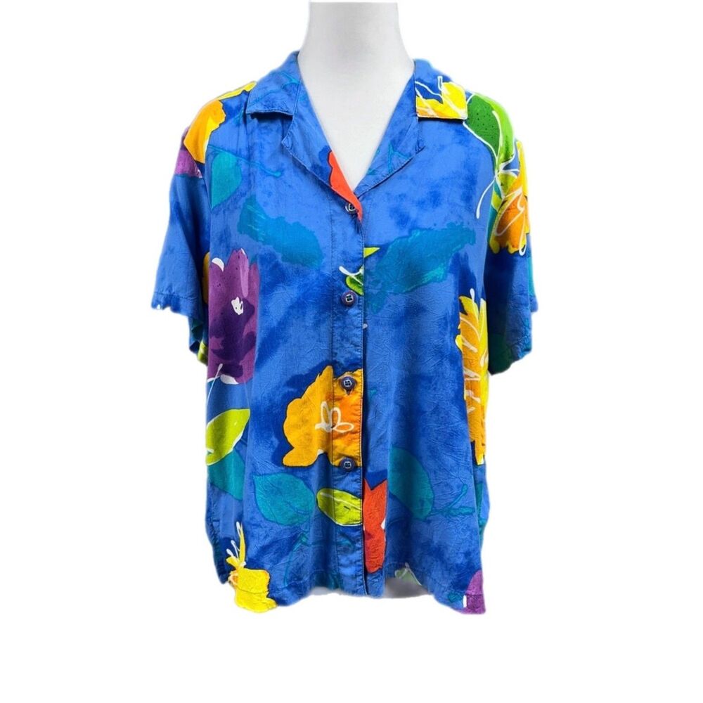 Vintage Jams World Floral Blue Tropical Button Up Short Sleeve Camp Shirt Sz L